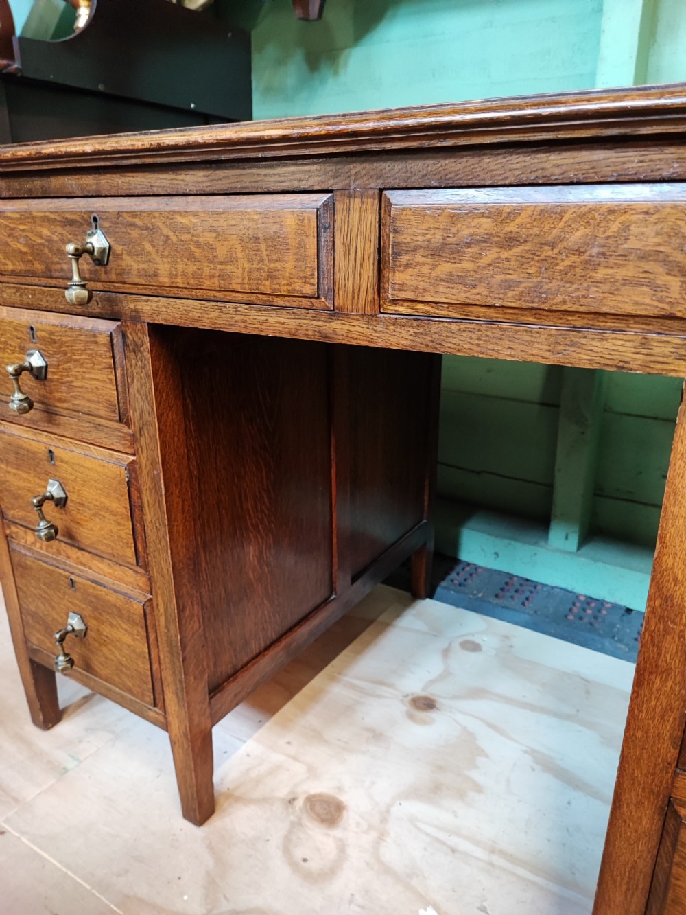 Antique Edwardian oak pedestal desk. View III