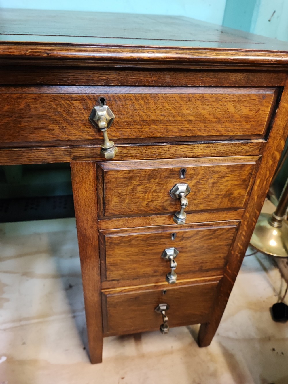 Antique Edwardian oak pedestal desk. View VIII