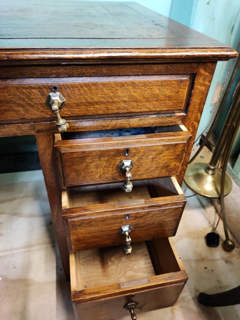Antique Edwardian oak pedestal desk. View IX