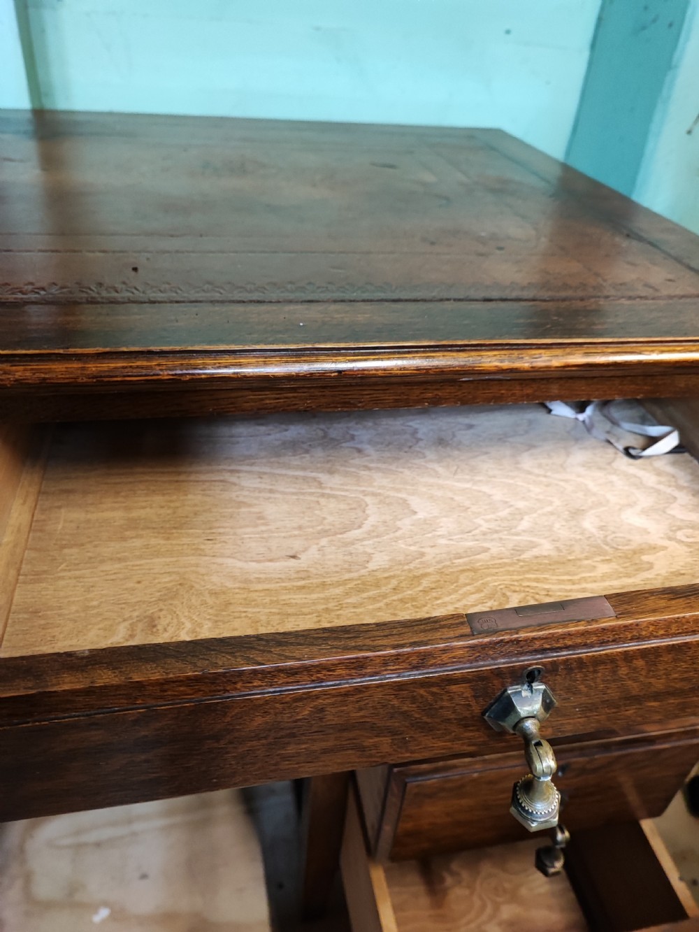 Antique Edwardian oak pedestal desk. View X