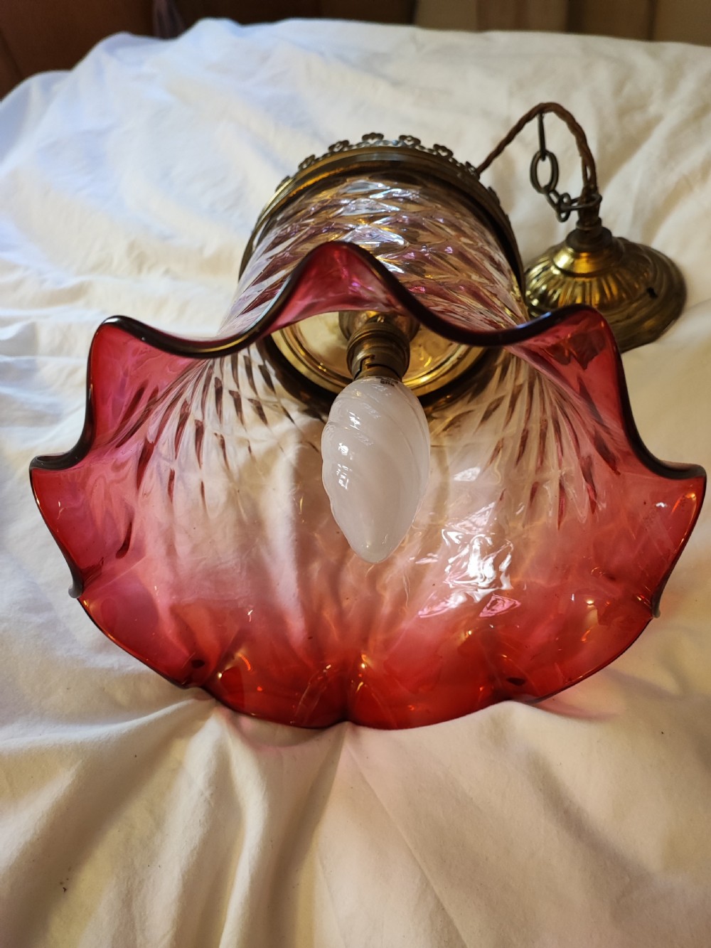 A fine Victorian cranberry glass hanging light fitting. View IV
