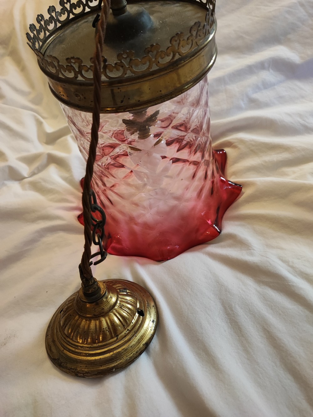 A fine Victorian cranberry glass hanging light fitting. View VII