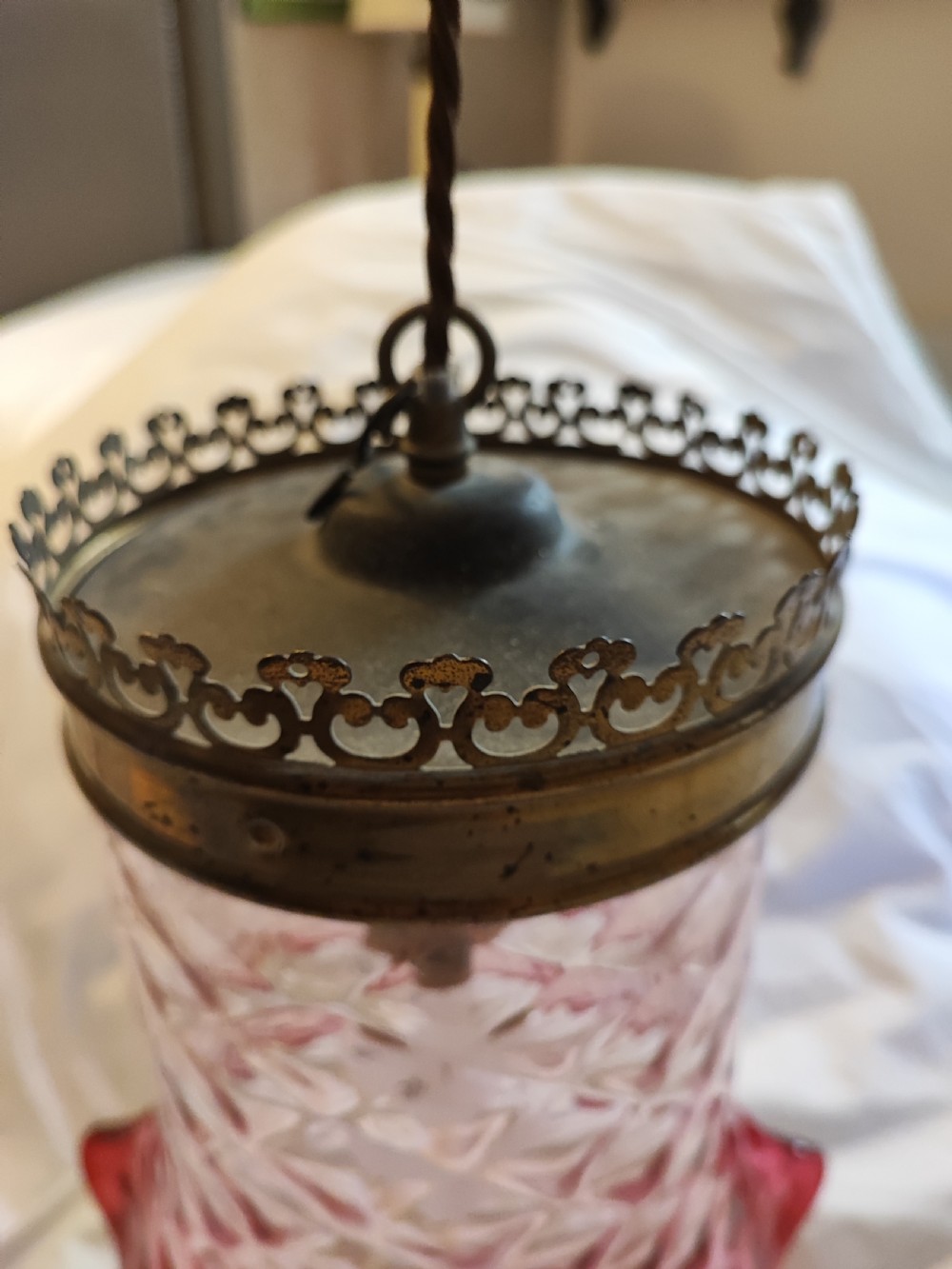 A fine Victorian cranberry glass hanging light fitting. View IX
