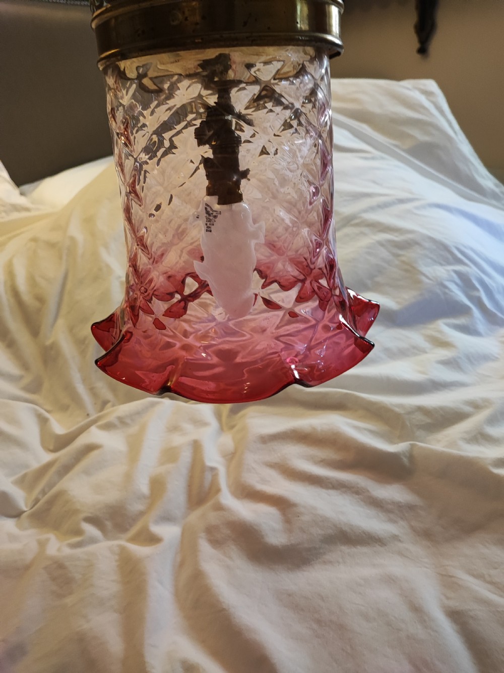 A fine Victorian cranberry glass hanging light fitting. View X