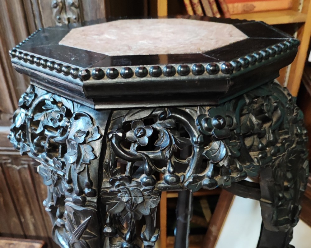 A 19c tall qing dynasty hardwood stand with rouge marble insert. View III