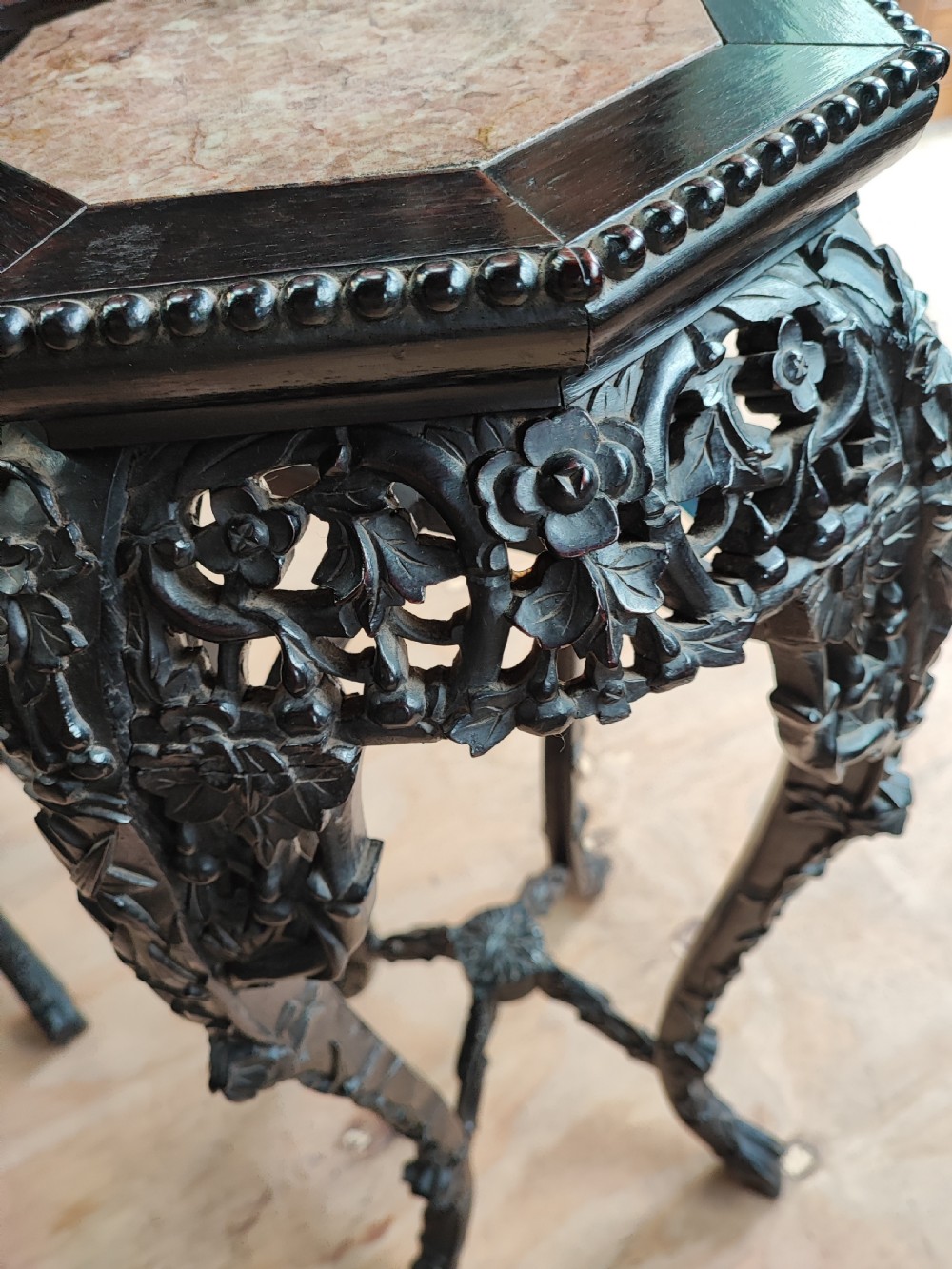 A 19c tall qing dynasty hardwood stand with rouge marble insert. View VII