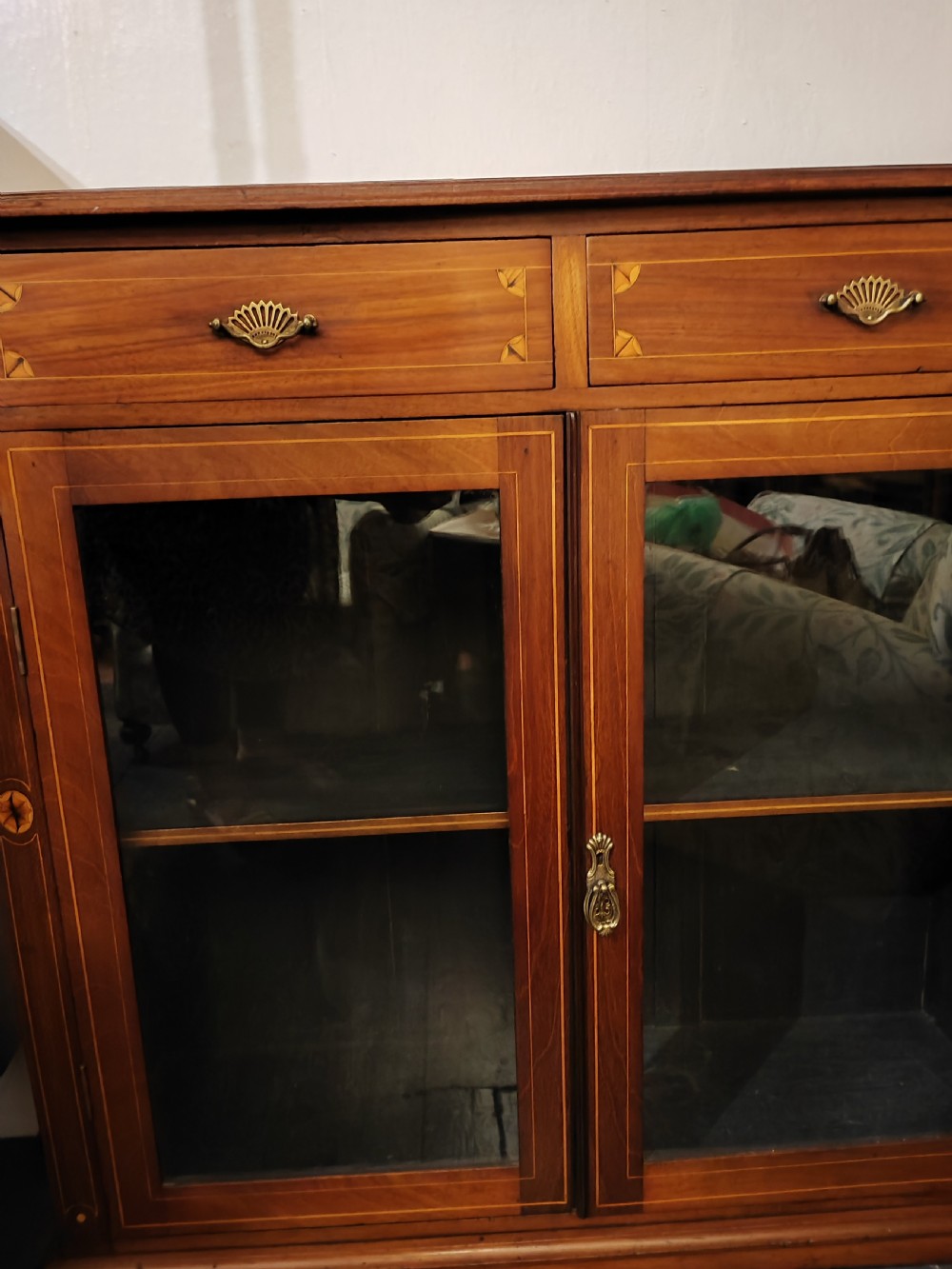 Antique inlaid 2 door glazed bookcase. View II