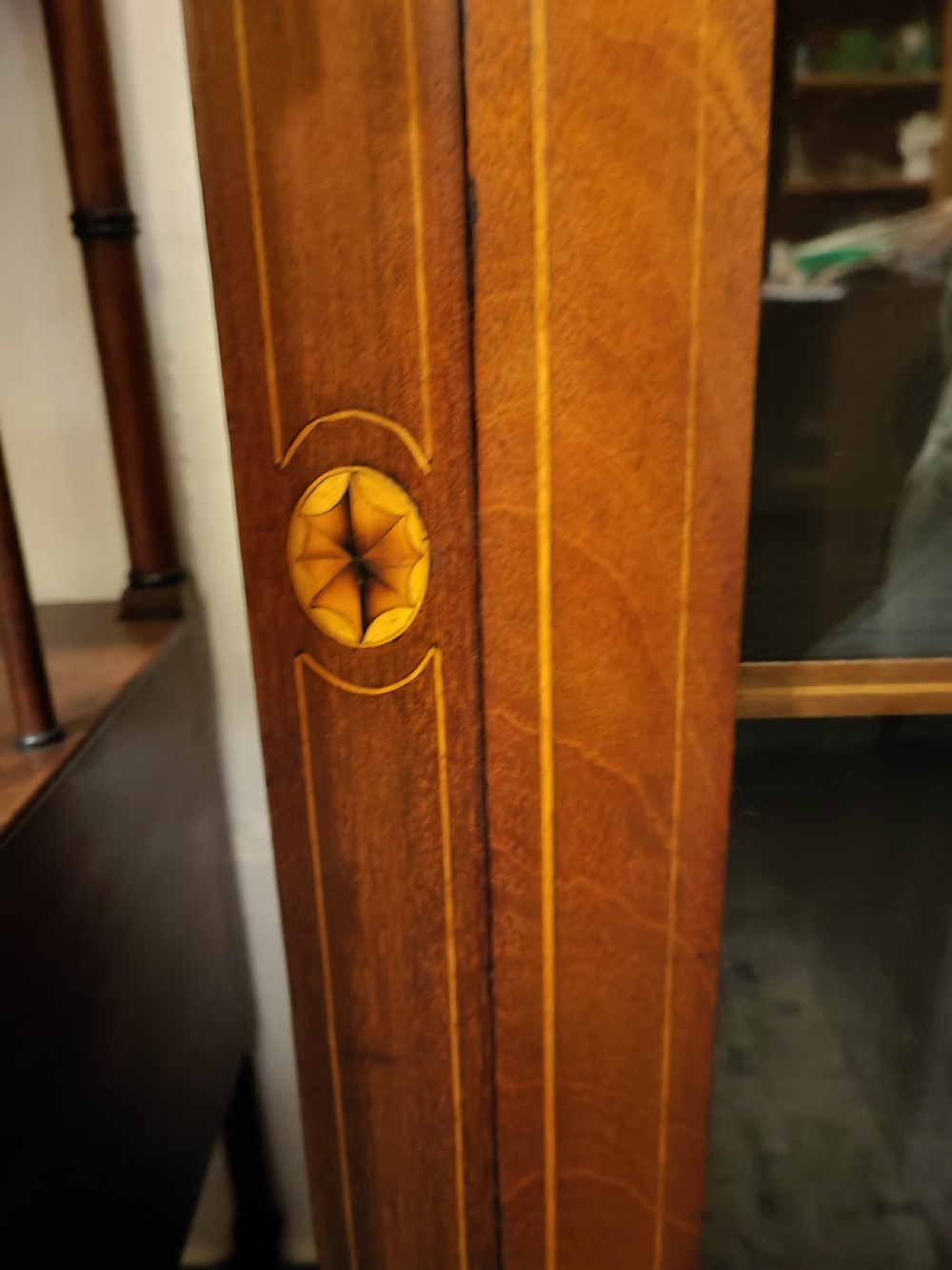 Antique inlaid 2 door glazed bookcase. View VIII