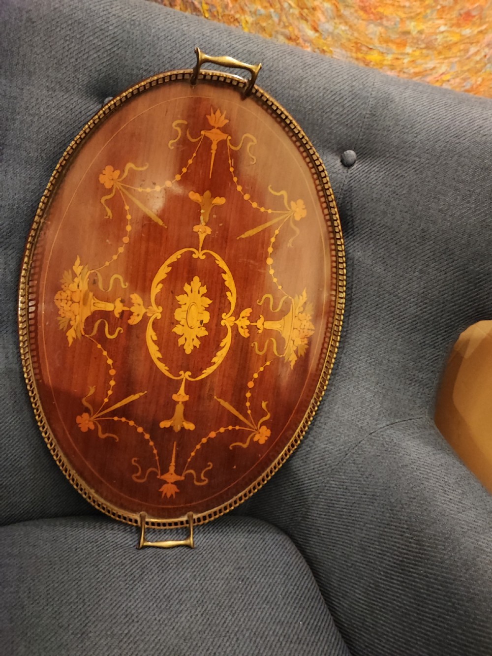 Edwardian marquetry  inlaid brass galleried tray 