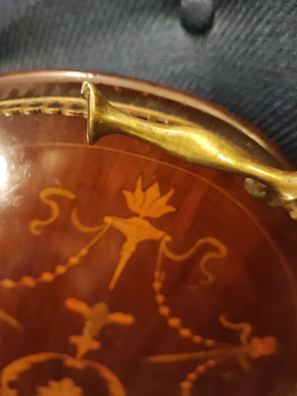 Edwardian marquetry  inlaid brass galleried tray  View IV