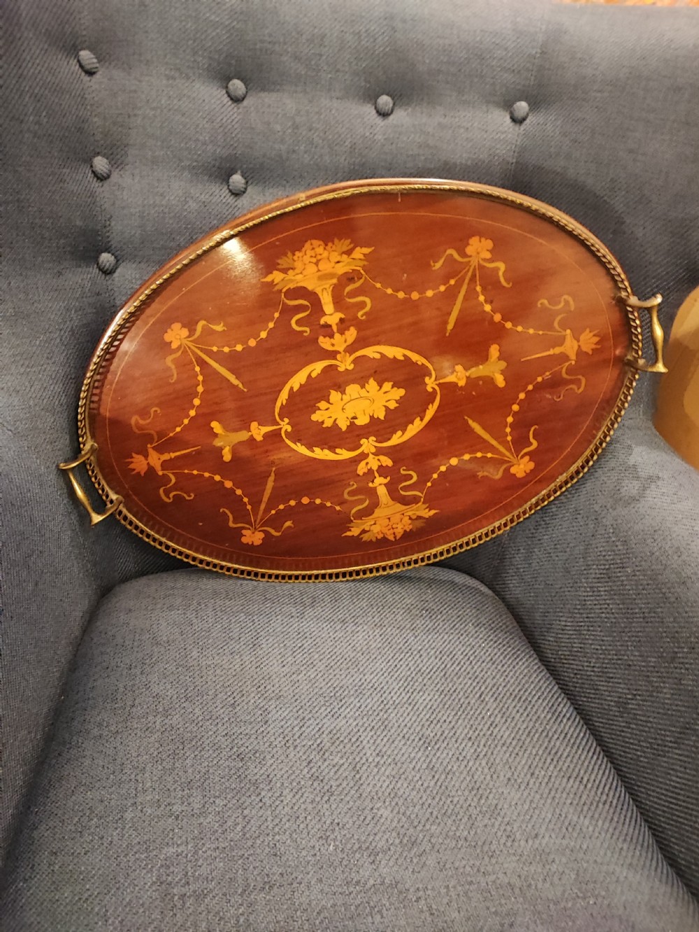 Edwardian marquetry  inlaid brass galleried tray  View V