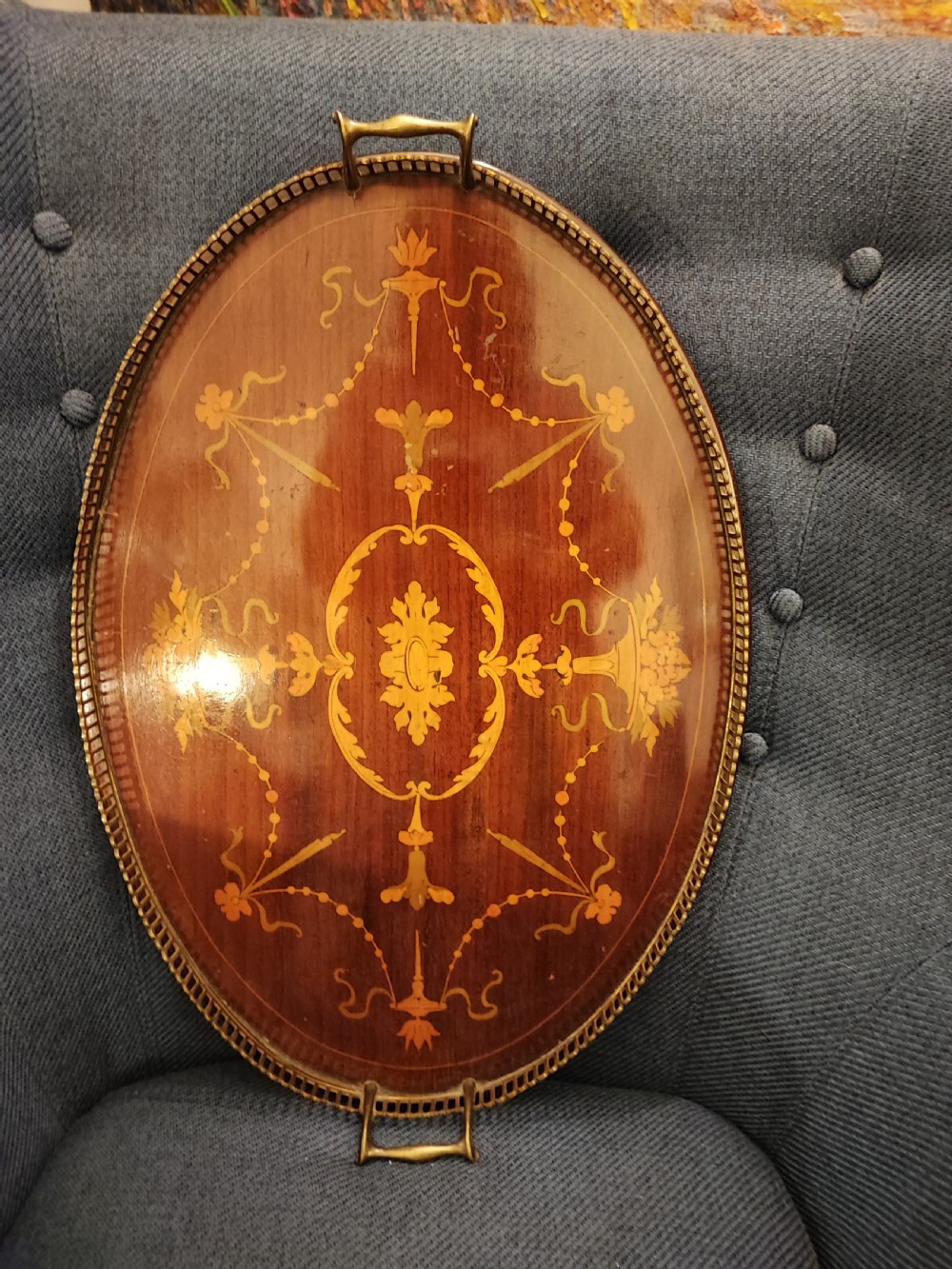 Edwardian marquetry  inlaid brass galleried tray  View VII