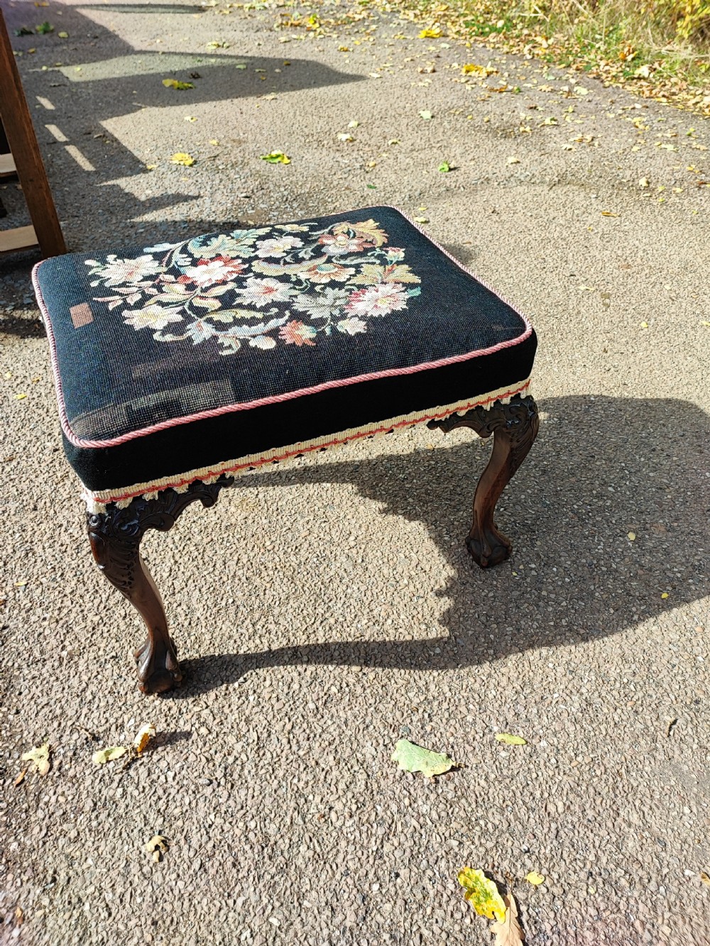 A 19c mahogany Ball and claw, needlework stool. View VI