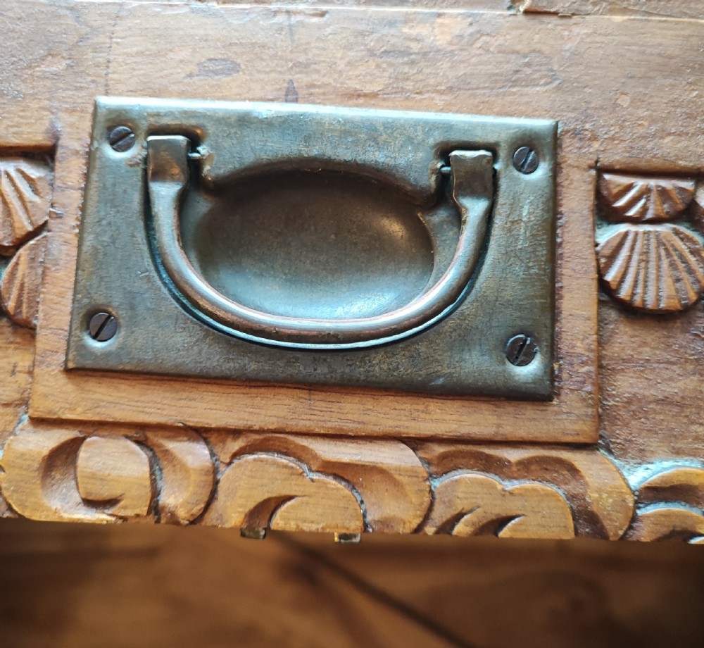 An antique brass bound  chinese  carved camphor trunk  View III