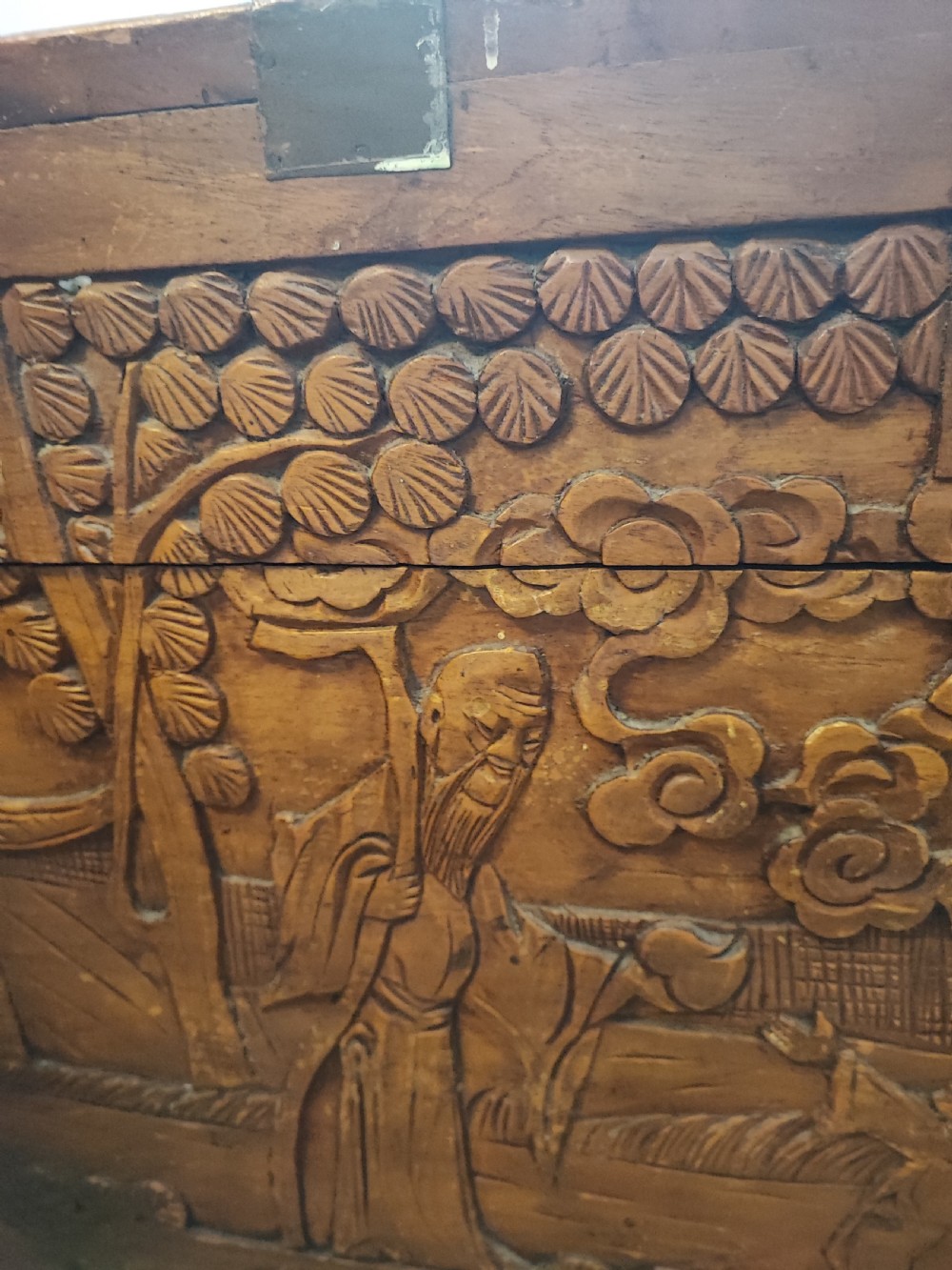 An antique brass bound  chinese  carved camphor trunk  View VI