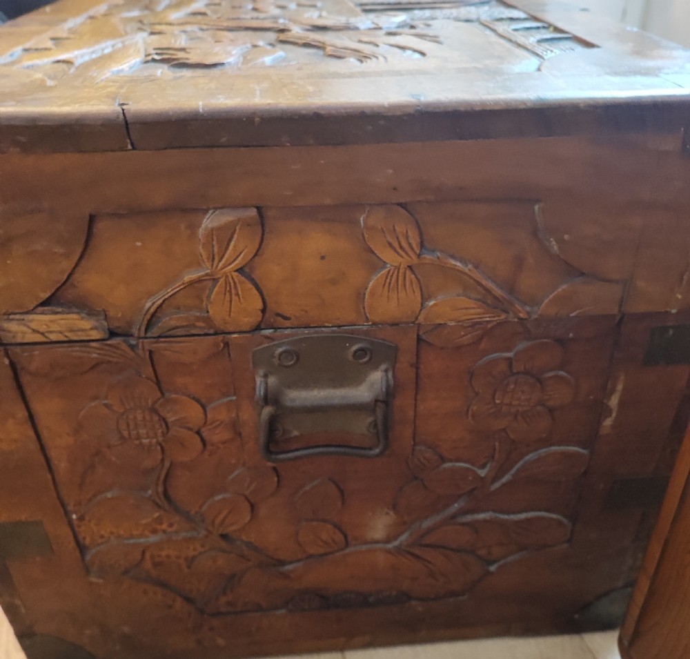 An antique brass bound  chinese  carved camphor trunk  View VII