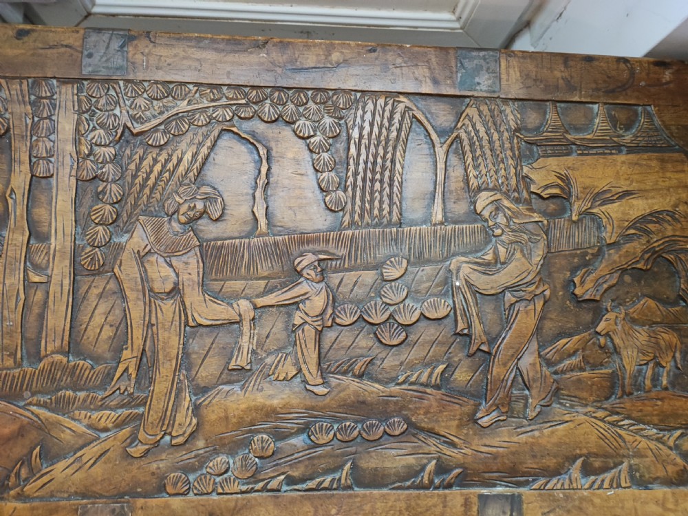 An antique brass bound  chinese  carved camphor trunk  View VIII