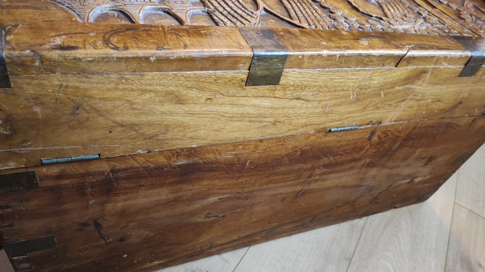 An antique brass bound  chinese  carved camphor trunk  View XVI