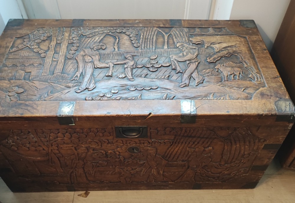An antique brass bound  chinese  carved camphor trunk  View XIX