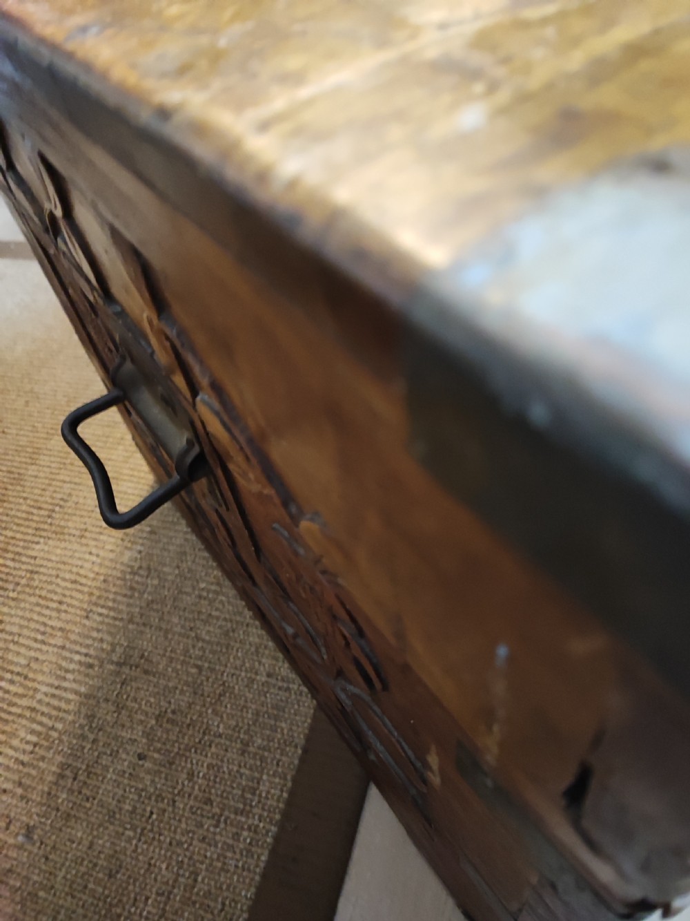 An antique brass bound  chinese  carved camphor trunk  View XX
