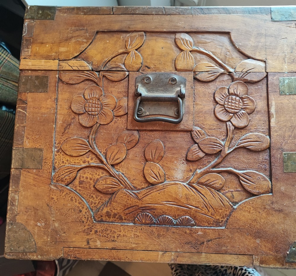 An antique brass bound  chinese  carved camphor trunk  View XXI
