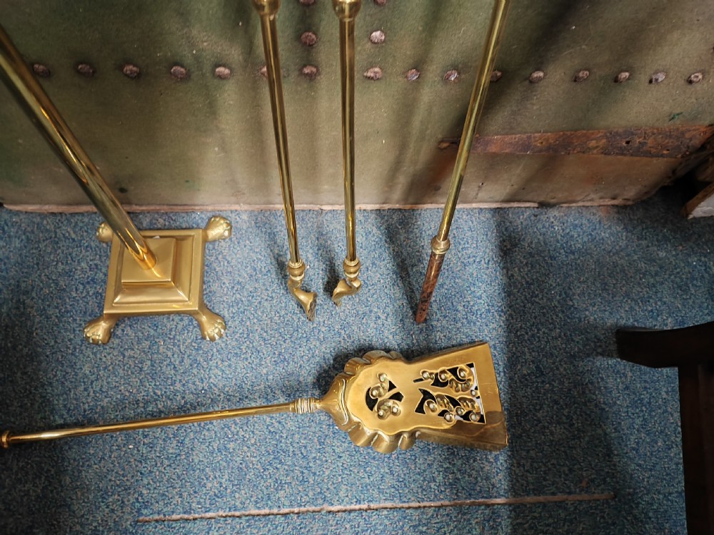 Pretty Victorian brass fire irons or fireplace set. View VIII