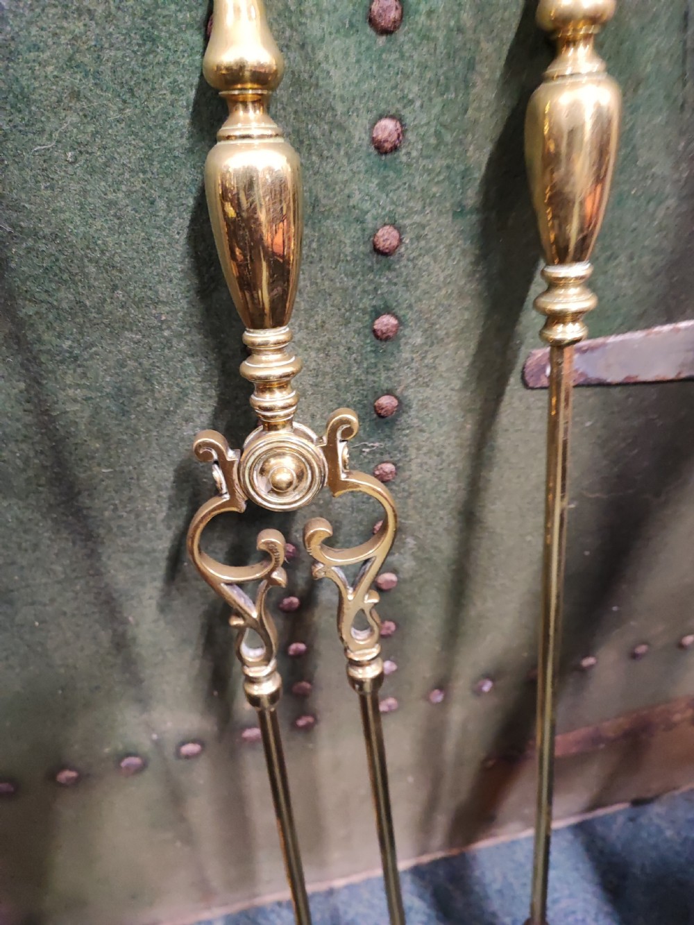 Pretty Victorian brass fire irons or fireplace set. View IX