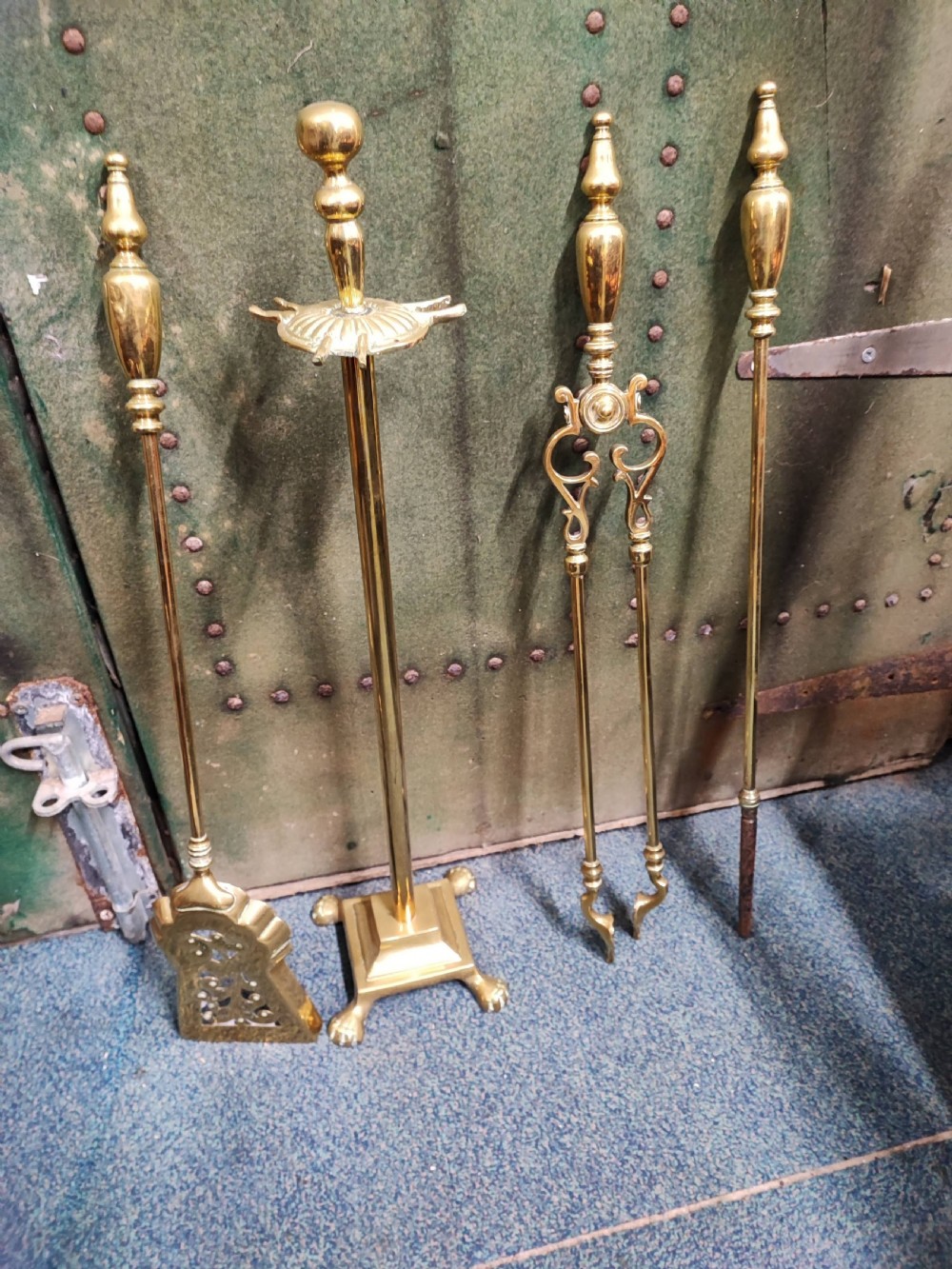 Pretty Victorian brass fire irons or fireplace set. View X