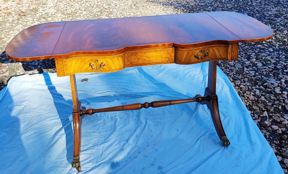 Regency revival inlaid mahogany sofa, table