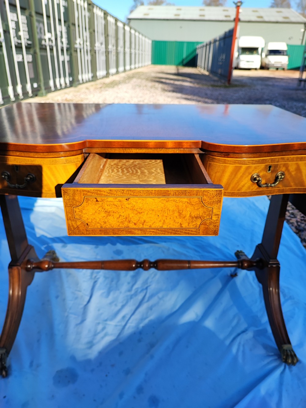 Regency revival inlaid mahogany sofa, table View XX