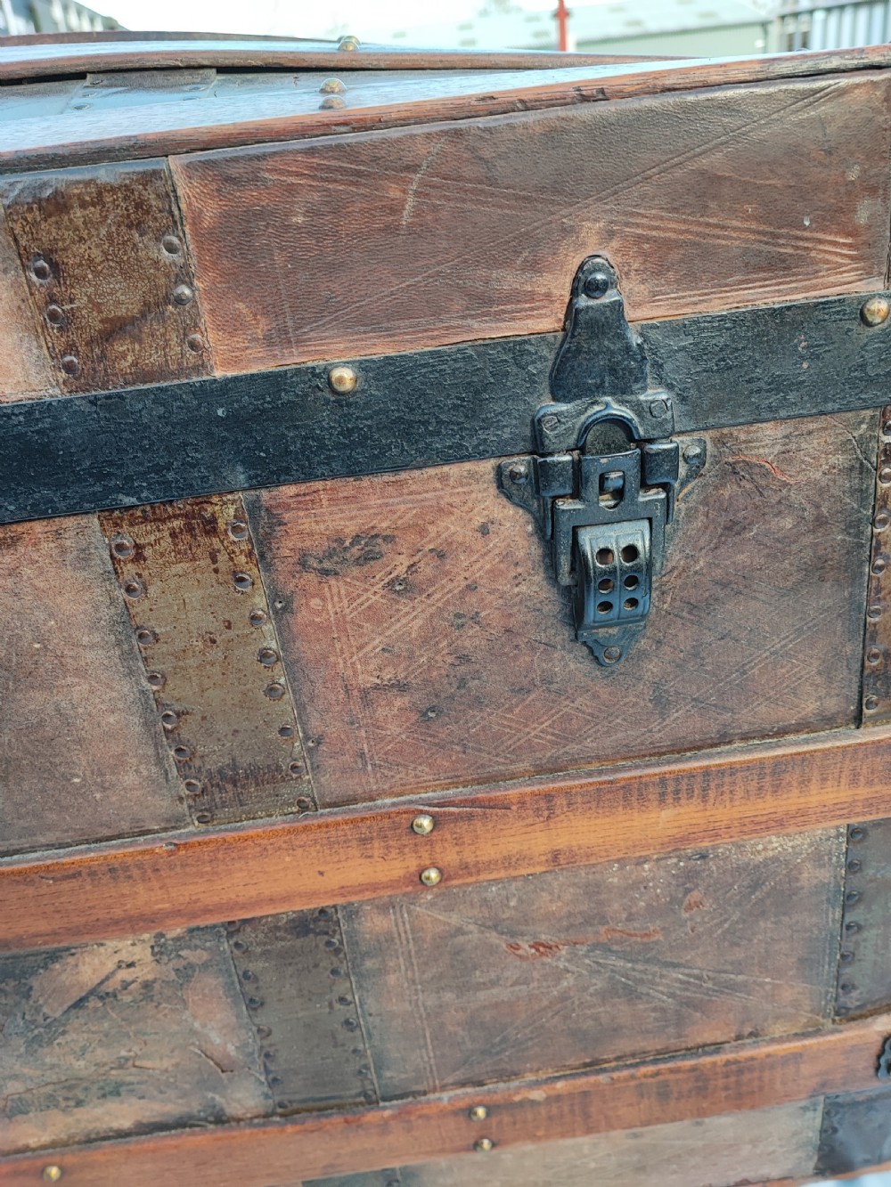 A 19 c tooled leather and mahogany steamer, carriage trunk. View II