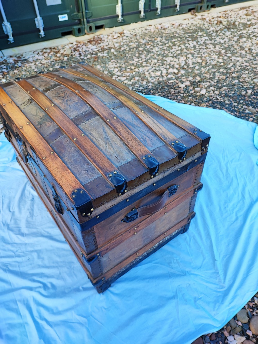 A 19 c tooled leather and mahogany steamer, carriage trunk. View III