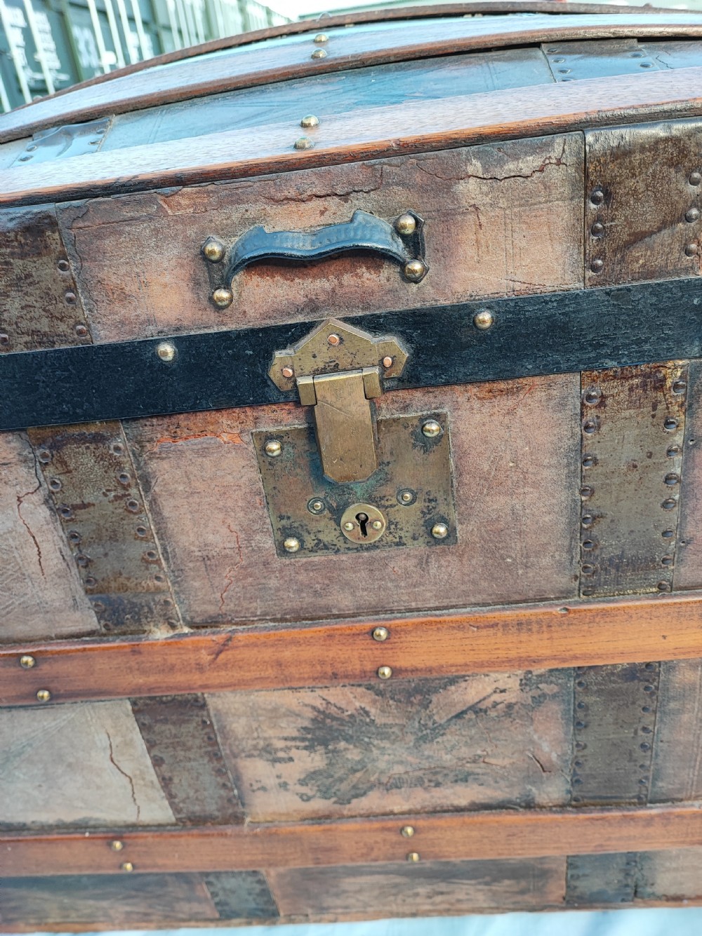 A 19 c tooled leather and mahogany steamer, carriage trunk. View V