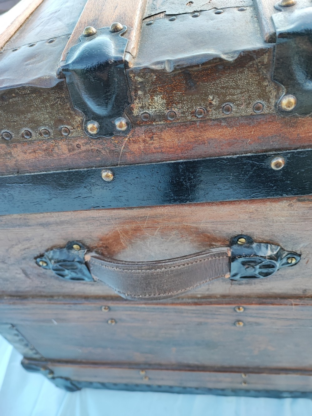 A 19 c tooled leather and mahogany steamer, carriage trunk. View VI