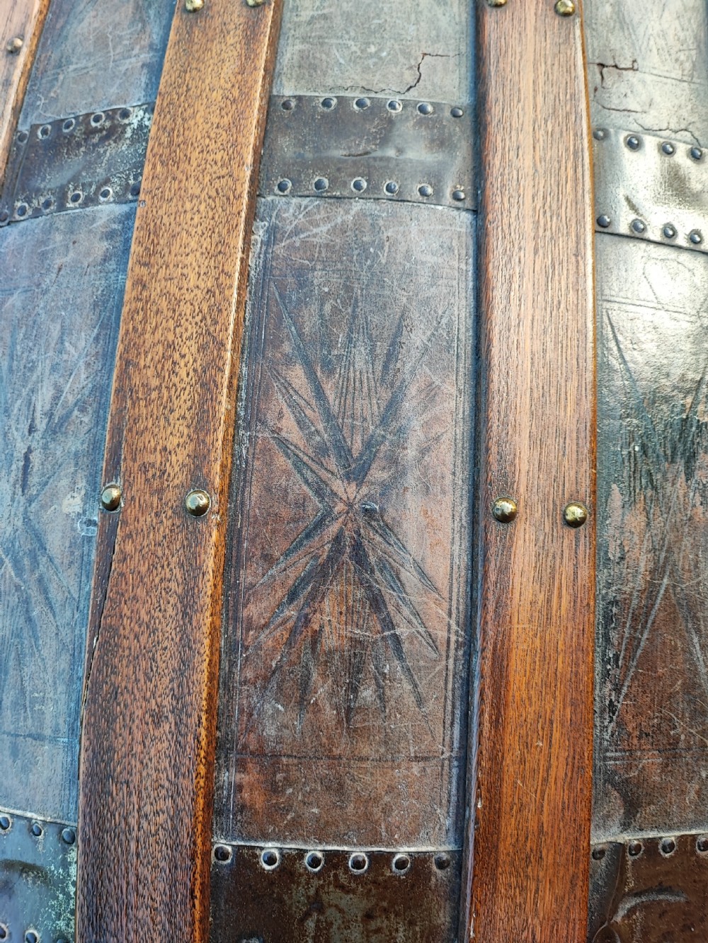 A 19 c tooled leather and mahogany steamer, carriage trunk. View VII