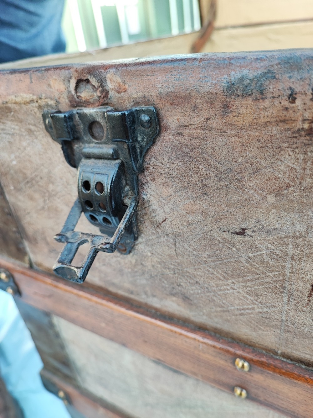 A 19 c tooled leather and mahogany steamer, carriage trunk. View X