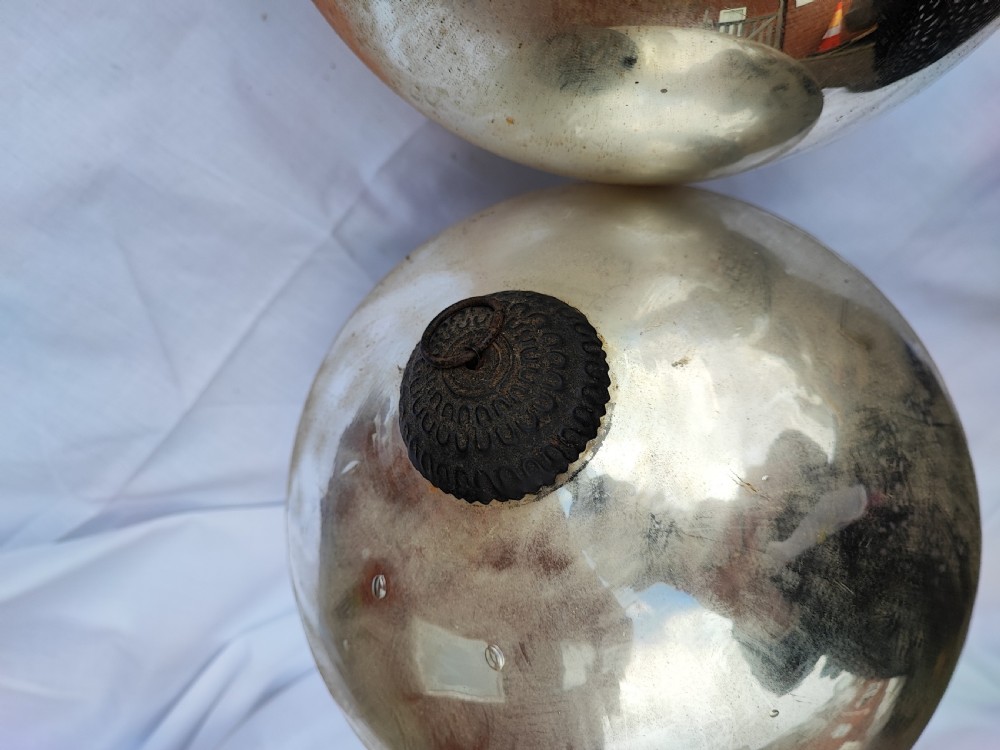 2 x large Antique silver colour witches balls. View VI