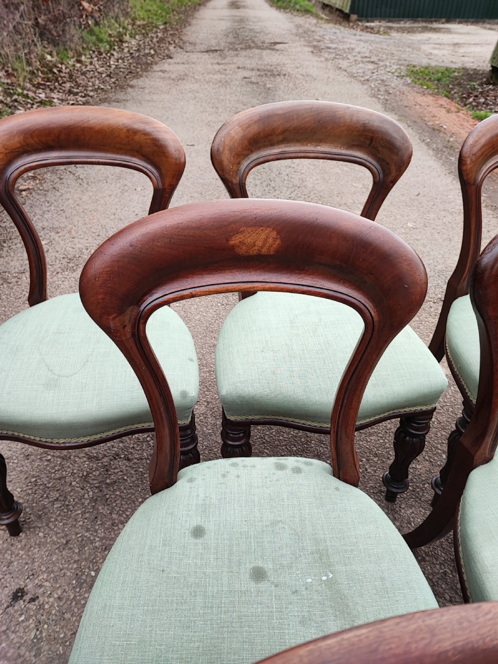 A set of six Victorian balloon back dining chairs made of dark mahogany wood with soft green upholstered seats. View X