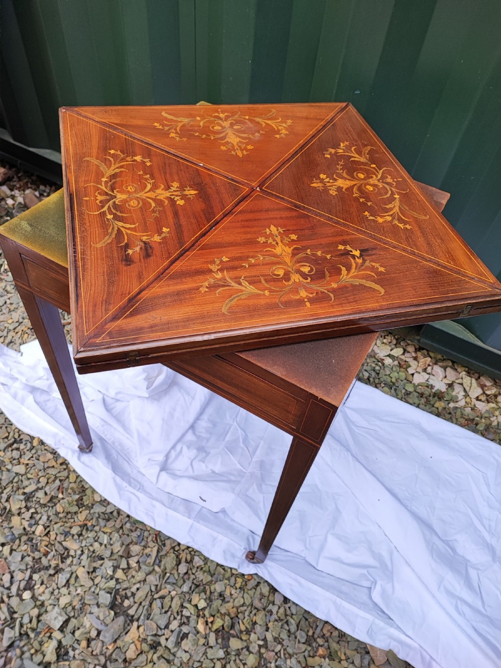 Quality marquetry inland mahogany envelope card table. View II