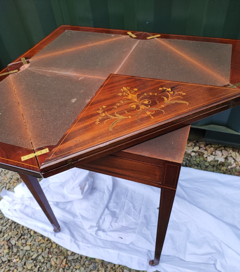 Quality marquetry inland mahogany envelope card table. View V