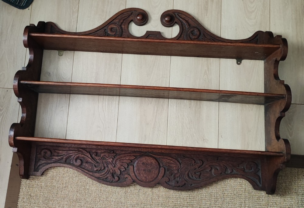 Antique carved oak hanging wall shelves View IV