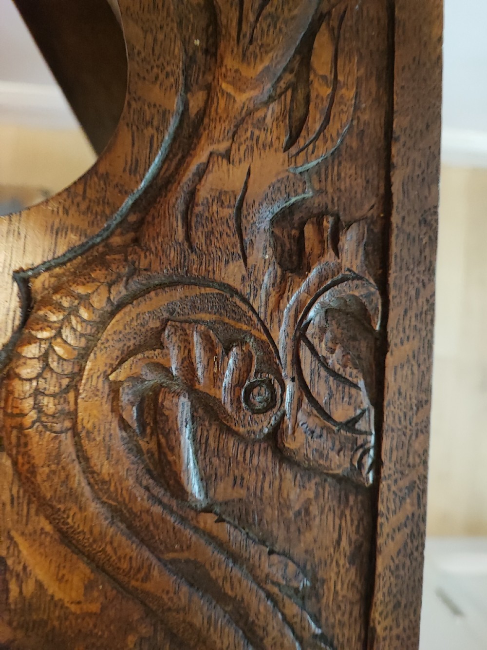 Antique carved oak hanging wall shelves View IX