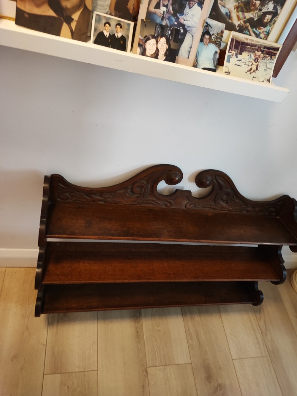 Antique carved oak hanging wall shelves View XIV
