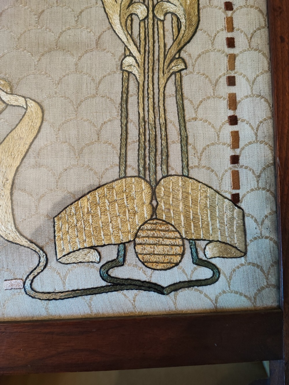 A liberty of London walnut and silk embroid art nouveau fire screen. View VIII