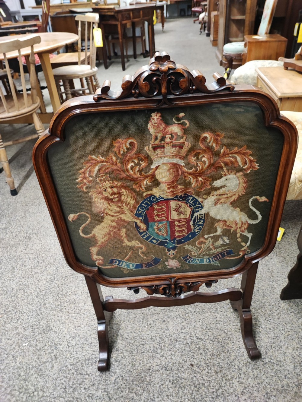 Victorian walnut Royal  military coat of arms firescreen. View III