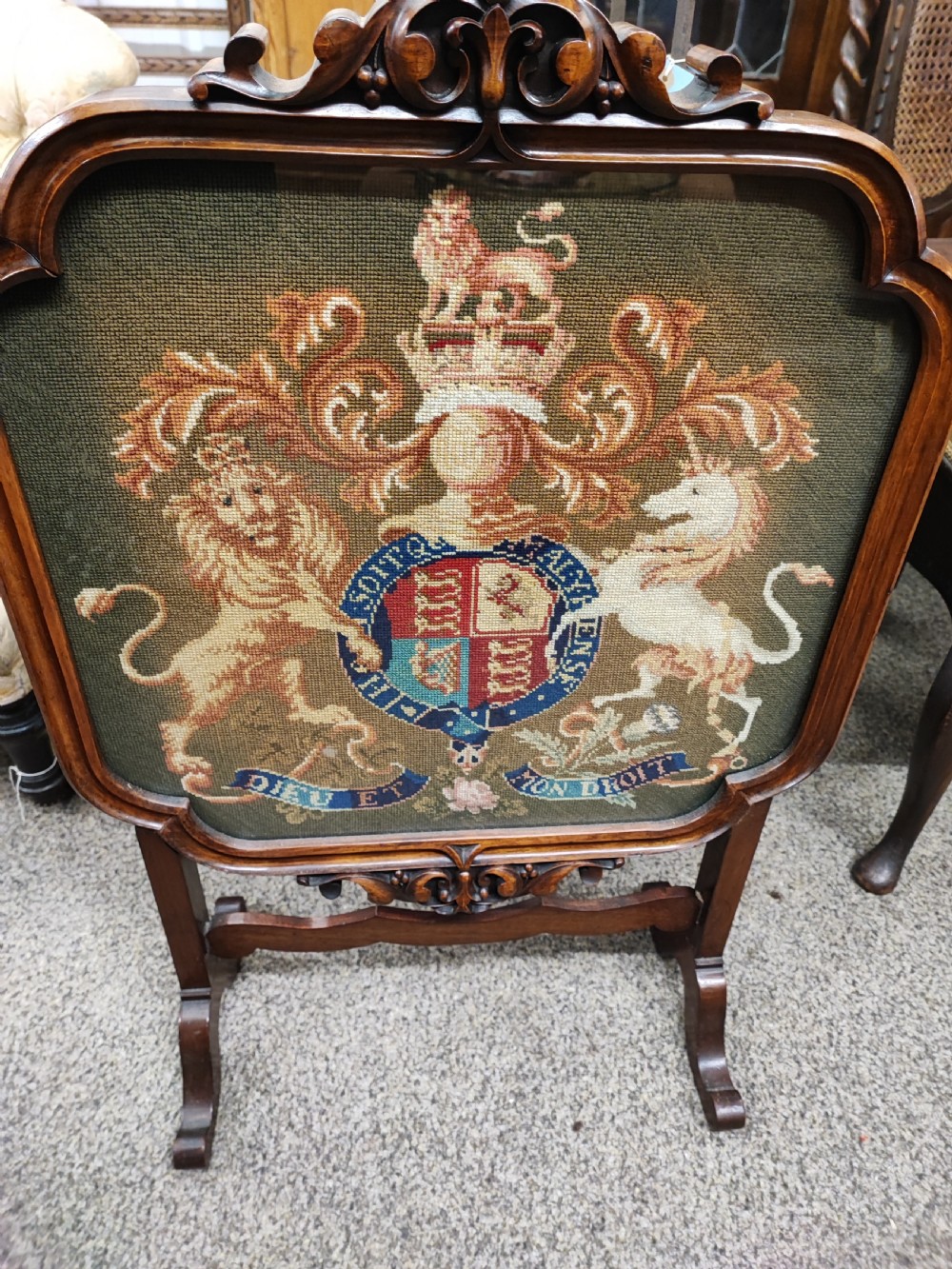 Victorian walnut Royal  military coat of arms firescreen. View IX