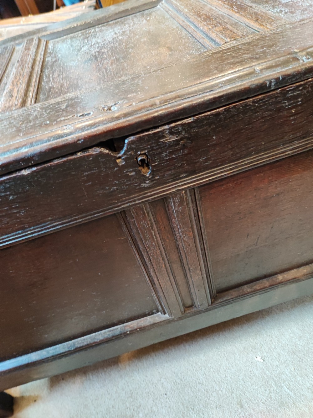 Early 18c paneled oak coffee  View II