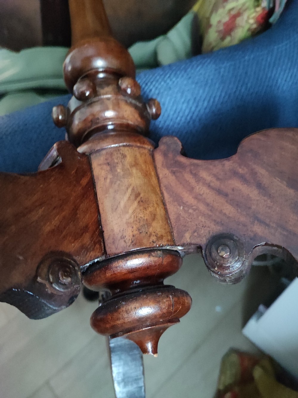Victorian walnut inlaid games tripod table. View II