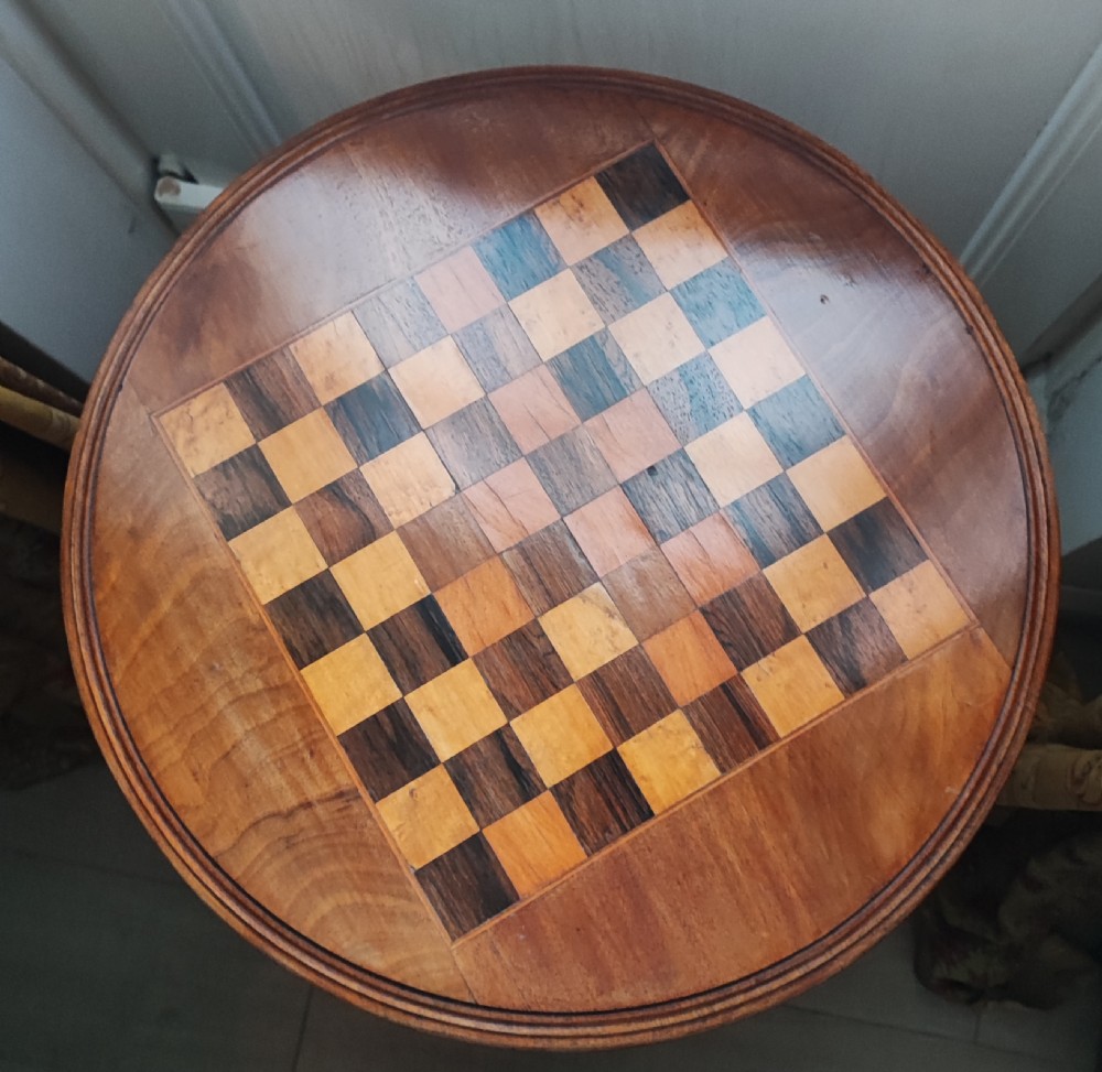 Victorian walnut inlaid games tripod table. View III