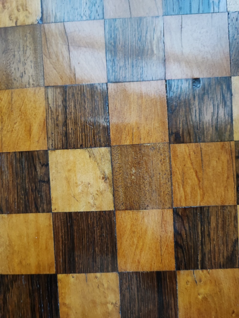 Victorian walnut inlaid games tripod table. View VII